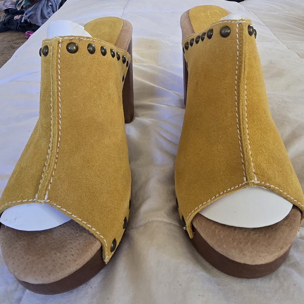 Sbicca Yellow Suede Studded Mules
